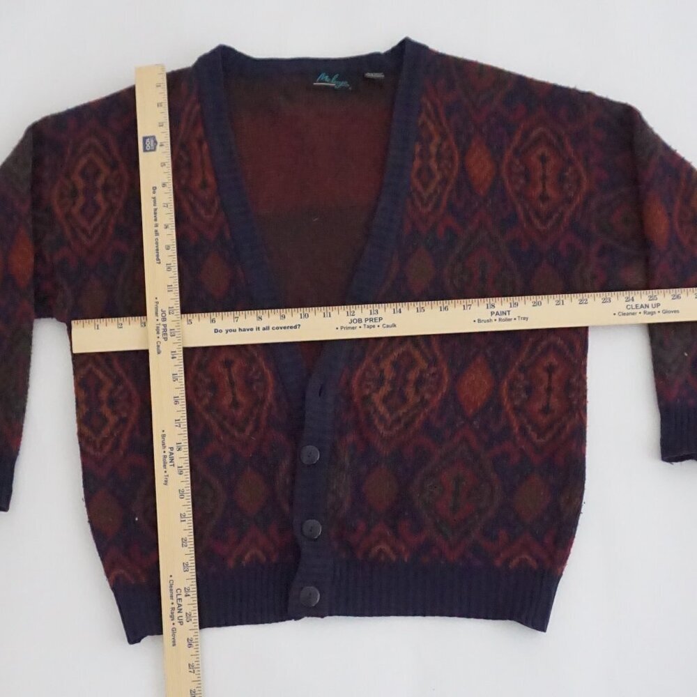 Vintage Melange Navy Burgundy Geometric Knit Button Front Cardigan Sweater L - Picture 3 of 11
